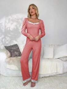 Lace Trim Bow Front Puff Sleeve PJ Set - Watermelon Pink - View 4