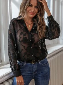 SHEIN Essnce Camisa con botón delantero transparente - Negro - Ver 4