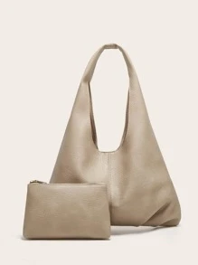 2pcs New Fashion Large Capacity Casual Versatile Mother-Child Bags, Soft Leather-Feel PU Material, High-Quality Handbag & Shoulder Bag For Women, Elegant & Suitable For Office, College, Daily Use - Khaki - View 2