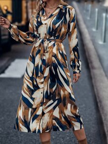 SHEIN LUNE 滿版印花燈籠袖腰帶襯衫洋裝