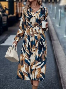 SHEIN LUNE 滿版印花燈籠袖腰帶襯衫洋裝