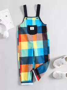 SHEIN 小男童格紋補丁貼口袋背帶連身褲