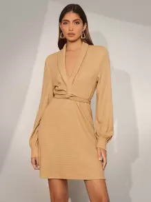 BizChic 青果領前扭結連衣裙 - 卡其色 - 查看 1