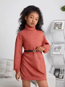 SHEIN Girls High Neck Drop Shoulder Dress Without Belt - Rust Brown - View 1