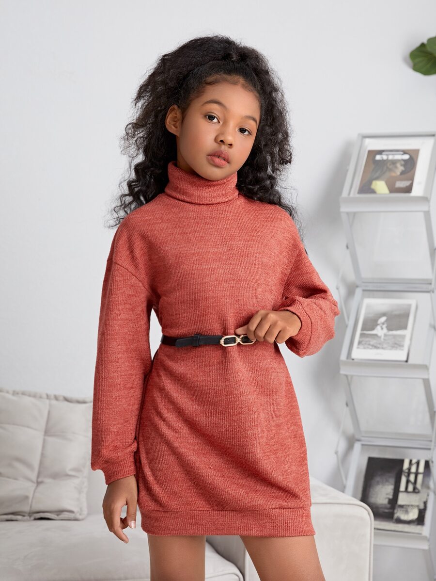 SHEIN Girls High Neck Drop Shoulder Dress Without Belt - Rust Brown - View 1