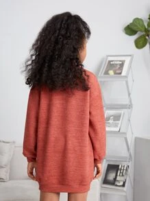 SHEIN Girls High Neck Drop Shoulder Dress Without Belt - Rust Brown - View 2
