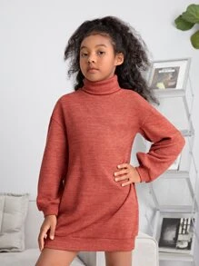 SHEIN Girls High Neck Drop Shoulder Dress Without Belt - Rust Brown - View 3