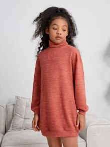 SHEIN Girls High Neck Drop Shoulder Dress Without Belt - Rust Brown - View 4