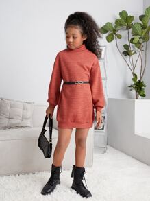 SHEIN Girls High Neck Drop Shoulder Dress Without Belt - Rust Brown - View 5
