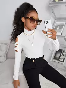 SHEIN Leap Crew Tween Girls' Solid Color Bodycon Stand Collar Cross Hollow Long Sleeve T-Shirt - White - View 1