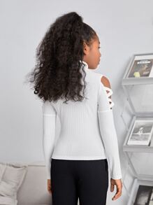 SHEIN Leap Crew Tween Girls' Solid Color Bodycon Stand Collar Cross Hollow Long Sleeve T-Shirt - White - View 2