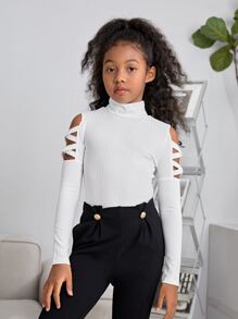 SHEIN Leap Crew Tween Girls' Solid Color Bodycon Stand Collar Cross Hollow Long Sleeve T-Shirt - White - View 3