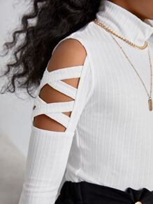 SHEIN Leap Crew Tween Girls' Solid Color Bodycon Stand Collar Cross Hollow Long Sleeve T-Shirt - White - View 6