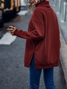 SHEIN LUNE Turtleneck Drop Shoulder Split Hem Sweatshirt - Burgundy - View 2