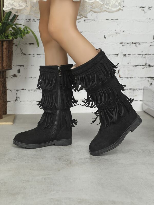 Girls Fringe Decor Faux Suede Zip Side Boots