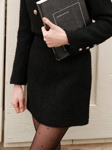 Plain Color Thick Fabric Skirt, Fall/Winter - Black - View 2