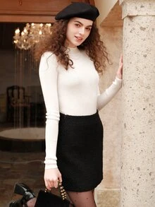 Plain Color Thick Fabric Skirt, Fall/Winter - Black - View 6