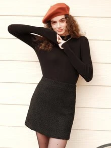 Plain Color Thick Fabric Skirt, Fall/Winter - Black - View 7