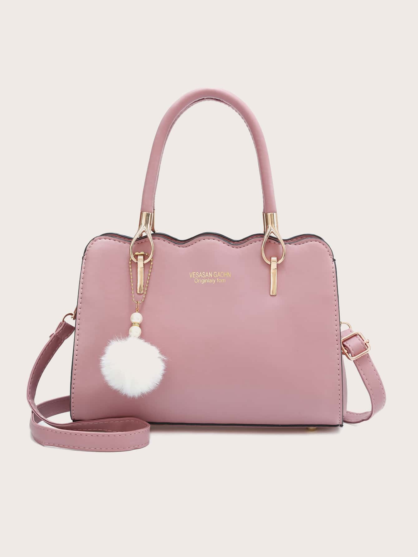 Pom-pom Decor Scallop Trim Satchel Bag
