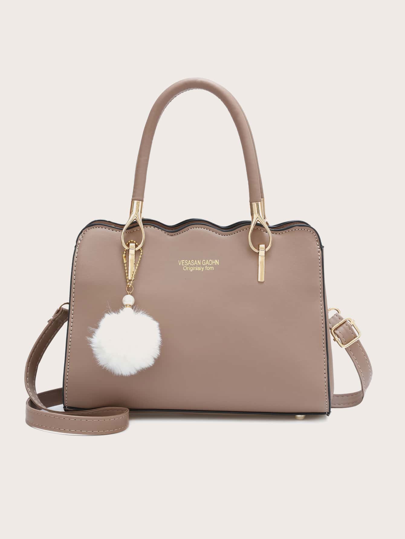Pom-Pom Decor Scallop Trim Satchel Bag, Mother's Day Gift For Mom