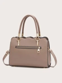 Pom-Pom Decor Scallop Trim Satchel Bag, Mother's Day Gift For Mom