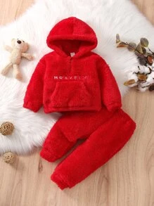Baby Letter Embroidery Teddy Hoodie & Trousers - Red - View 1