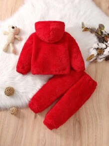 Baby Letter Embroidery Teddy Hoodie & Trousers - Red - View 2