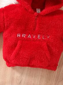 Baby Letter Embroidery Teddy Hoodie & Trousers - Red - View 7