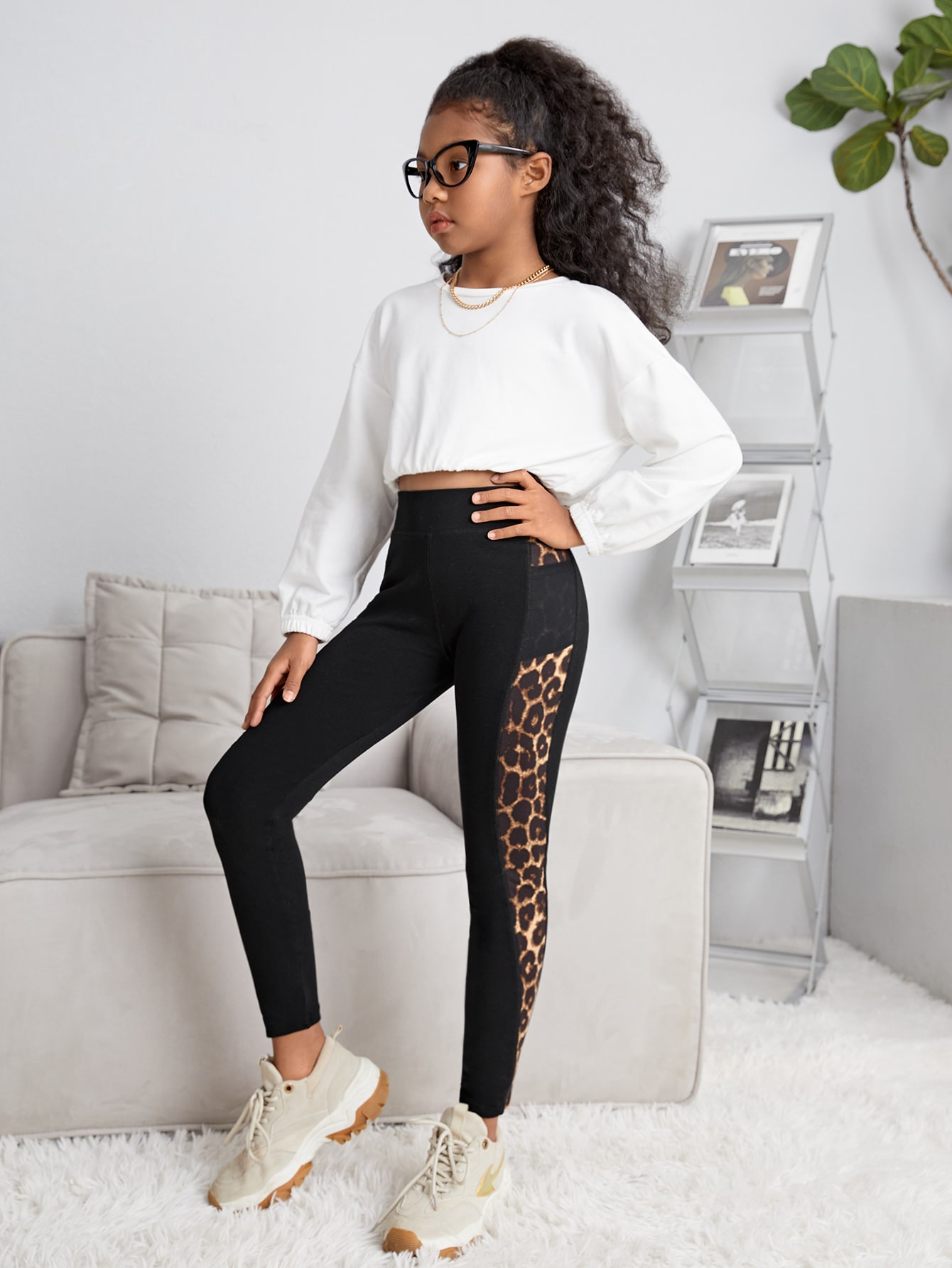 SHEIN Kids Cooltwn Girls Leopard Print Leggings With Phone Pocket