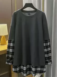 Mulvari Plus Plaid Drop Shoulder 2 In 1 Sweatshirt - Dark Grey - View 1