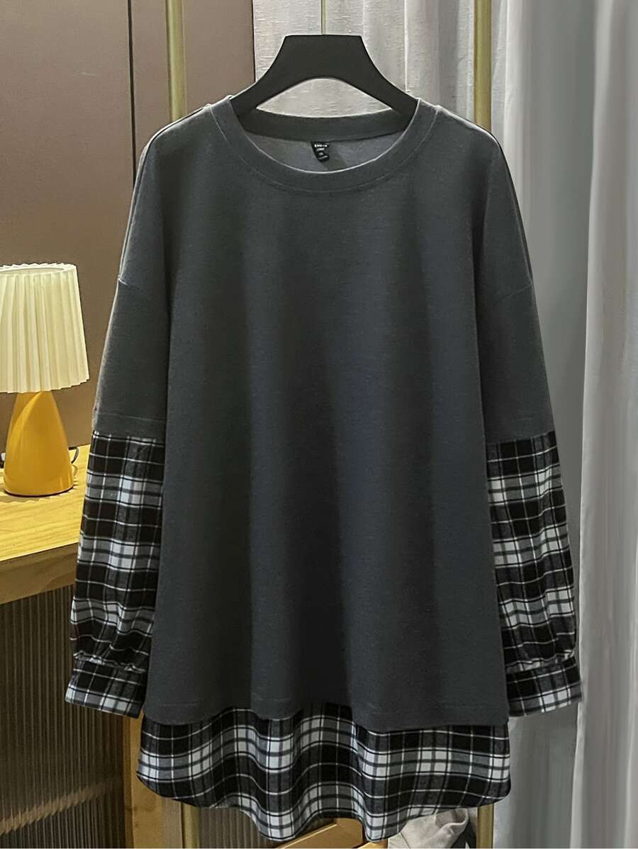 Mulvari Plus Plaid Drop Shoulder 2 In 1 Sweatshirt - Dark Grey - View 1