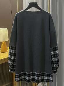 Mulvari Plus Plaid Drop Shoulder 2 In 1 Sweatshirt - Dark Grey - View 2
