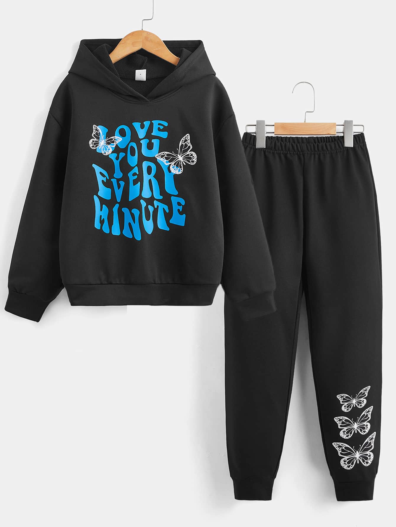 SHEIN Explorewe Bộ hai mảnh Gái Slogan Loại bướm Giải trí - màu đen - Xem 1