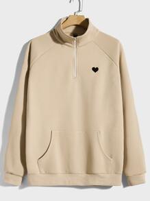 Manfinity RelaxMax Men Heart Embroidery Raglan Sleeve Kangaroo Pocket Quarter Zip Sweatshirt - Khaki - View 1