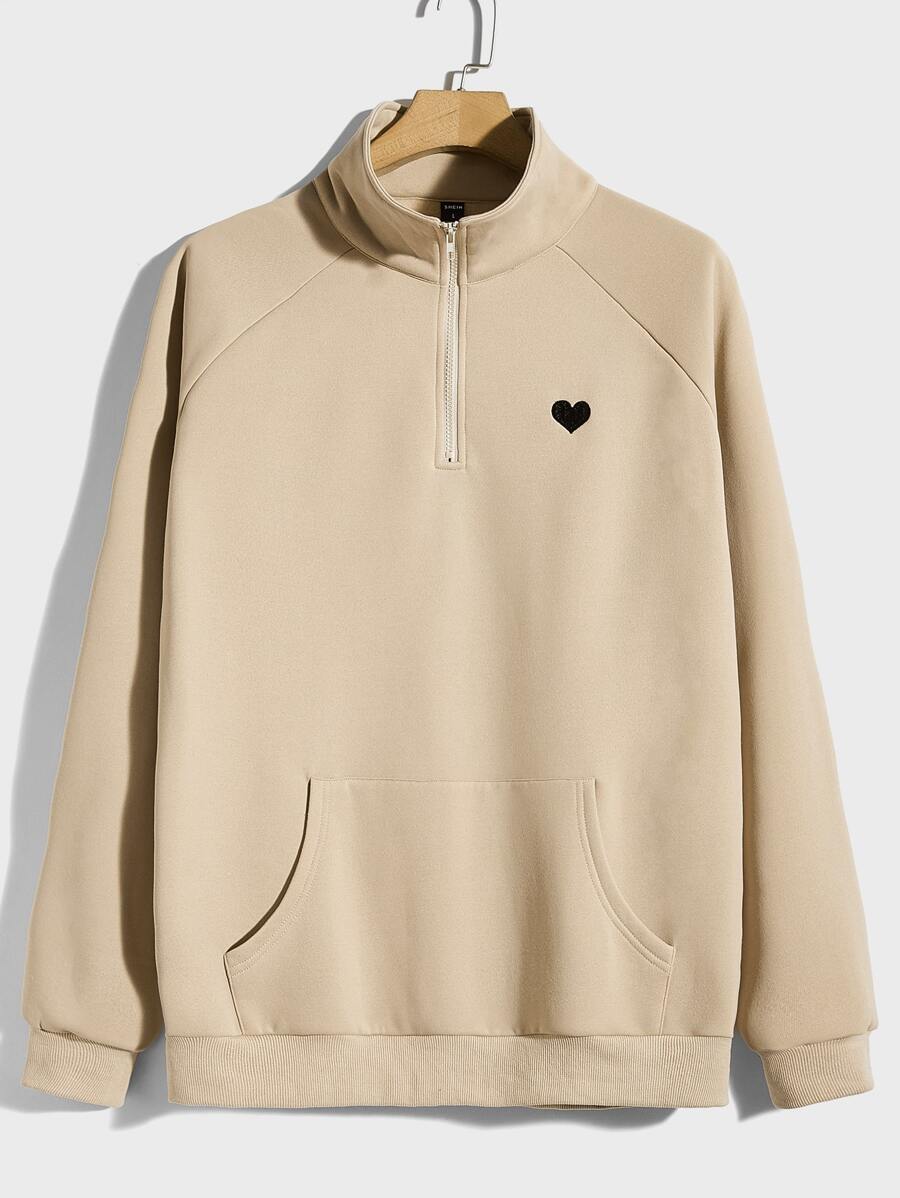 Manfinity RelaxMax Men Heart Embroidery Raglan Sleeve Kangaroo Pocket Quarter Zip Sweatshirt - Khaki - View 1