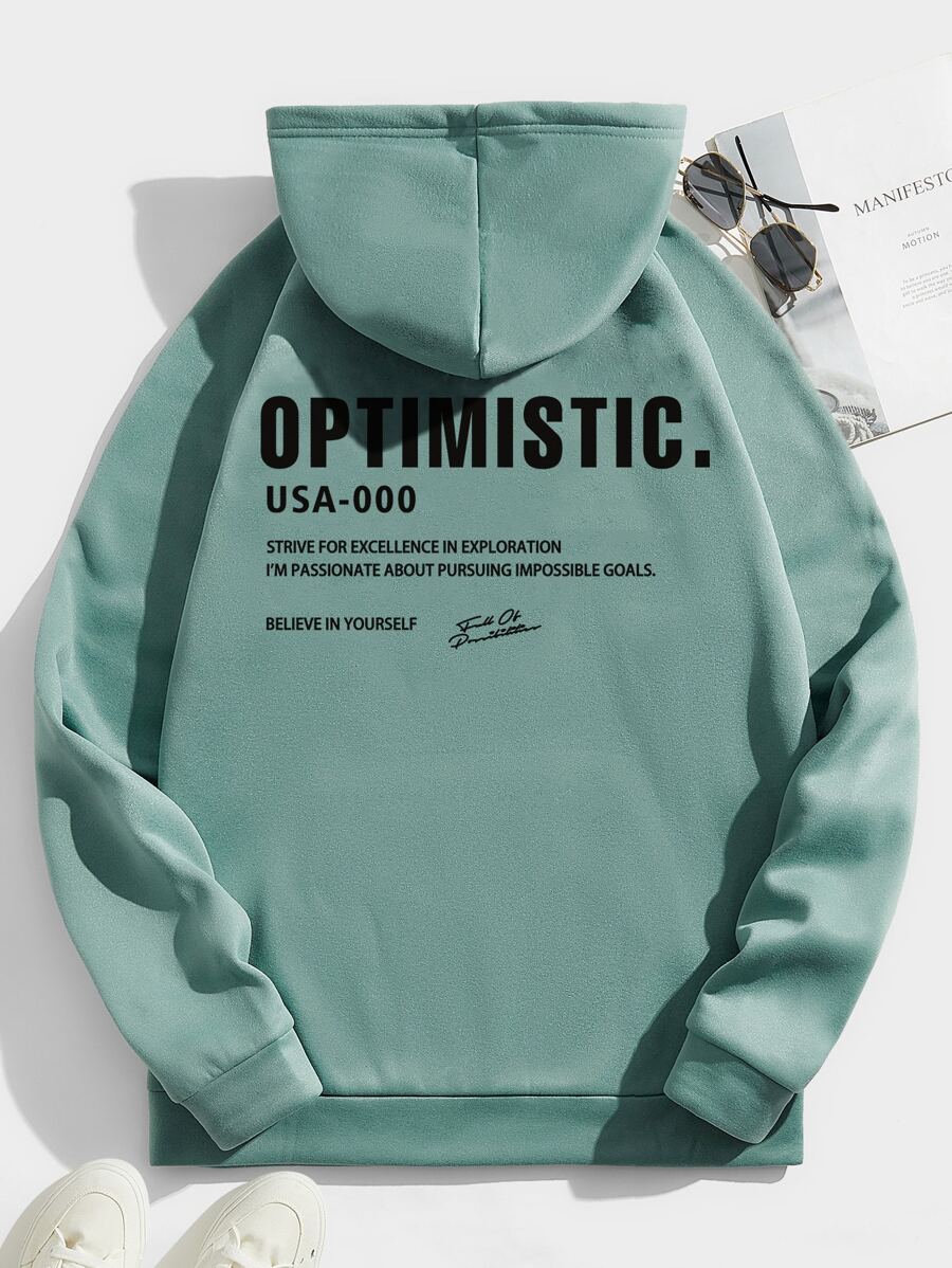 GENTILAND Men Slogan Graphic Drawstring Thermal Lined Hoodie - Mint Green - View 1