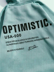 GENTILAND Men Slogan Graphic Drawstring Thermal Lined Hoodie - Mint Green - View 5