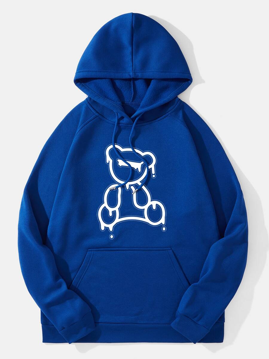 Men Bear Print Kangaroo Pocket Drawstring Thermal Hoodie - Royal Blue - View 1
