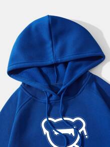 Men Bear Print Kangaroo Pocket Drawstring Thermal Hoodie - Royal Blue - View 3