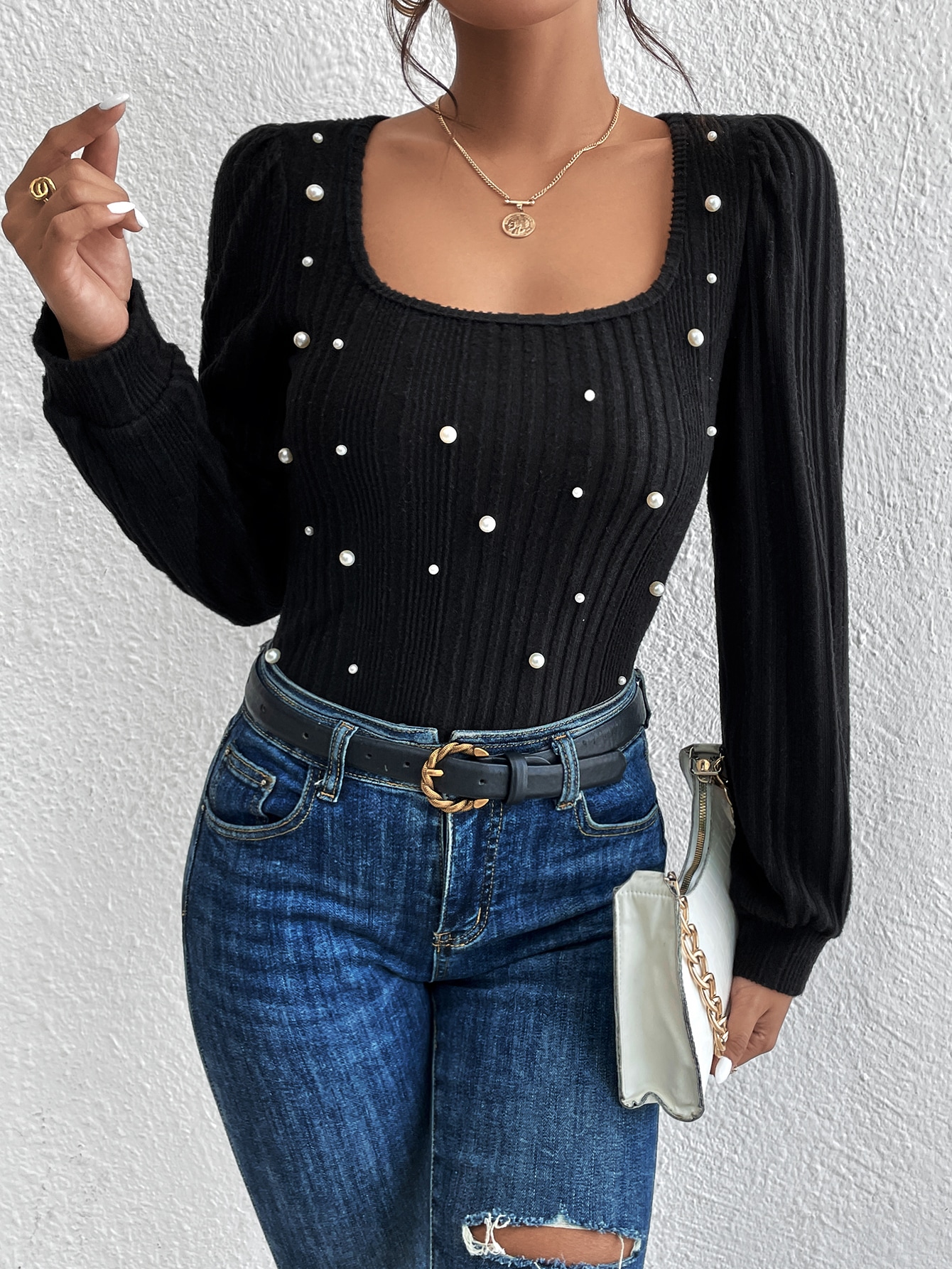 SHEIN Navy Pearls Beaded Pocket Frayed Edge Long Vintage Jeans Women 2019 Autumn Button Fly High Waist Flare Leg Denim Pants main image 1