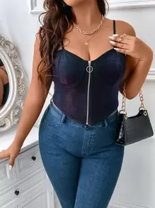 SHEIN Clasi Plus O-ring Zipper Front Metallic Cami Top - Purple - View 3