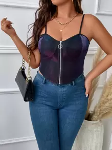 SHEIN Clasi Plus O-ring Zipper Front Metallic Cami Top - Purple - View 4