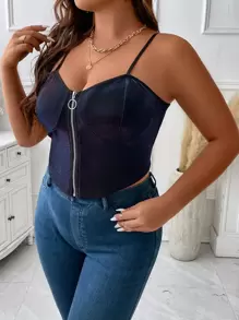 SHEIN Clasi Plus O-ring Zipper Front Metallic Cami Top - Purple - View 5