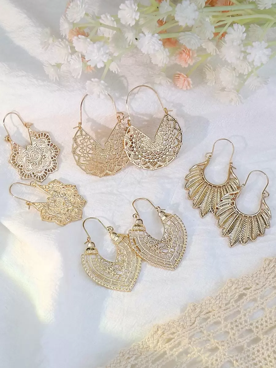 TopHanqi 4pairs Hollow Out Flower & Geometric Design Earrings Valentines,Mom,Mother,Mother's Day,Gift