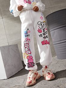 SHEIN Tween Girl Cartoon And Letter Graphic Thermal Sweatpants - White - View 1