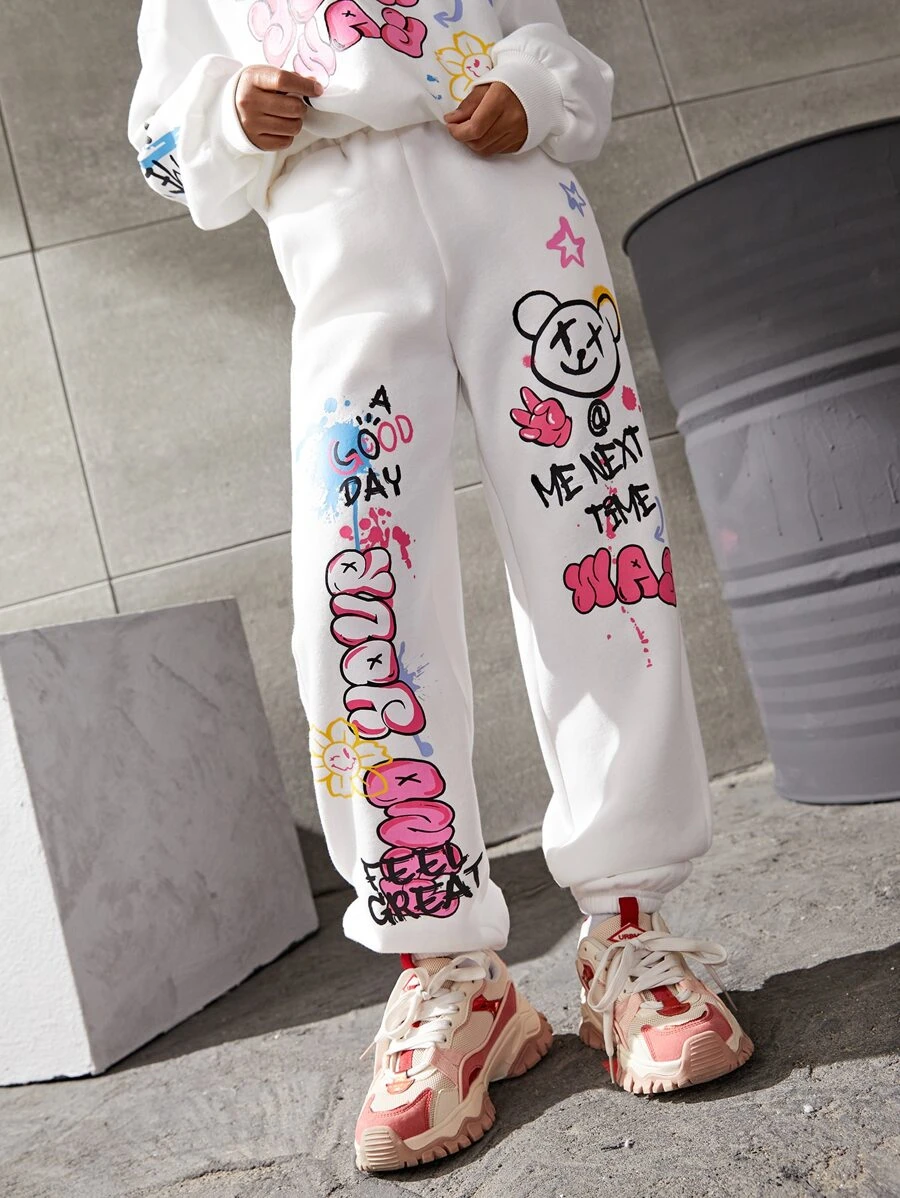 SHEIN Tween Girl Cartoon And Letter Graphic Thermal Sweatpants - White - View 1