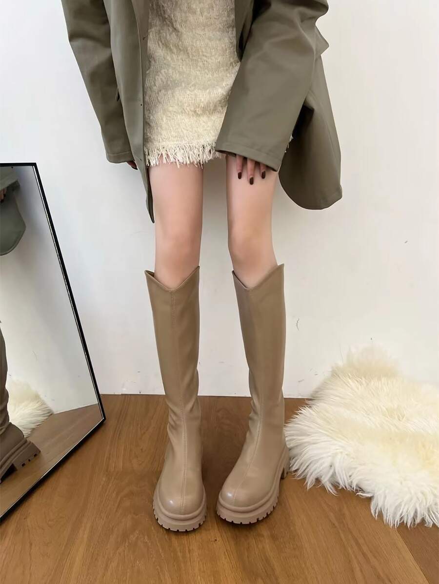 Giày bốt Nữ Thời trang màu trơn Dây kéo sau Sẵn sàng - Màu Khaki - Xem 1