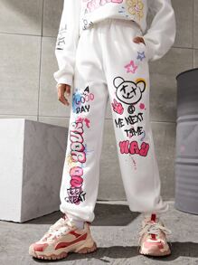 SHEIN Tween Girl Cartoon And Letter Graphic Thermal Sweatpants - White - View 4
