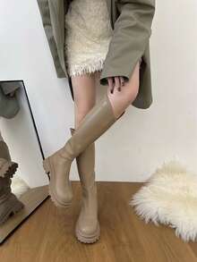 Giày bốt Nữ Thời trang màu trơn Dây kéo sau Sẵn sàng - Màu Khaki - Xem 2