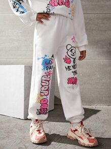 SHEIN Tween Girl Cartoon And Letter Graphic Thermal Sweatpants - White - View 5